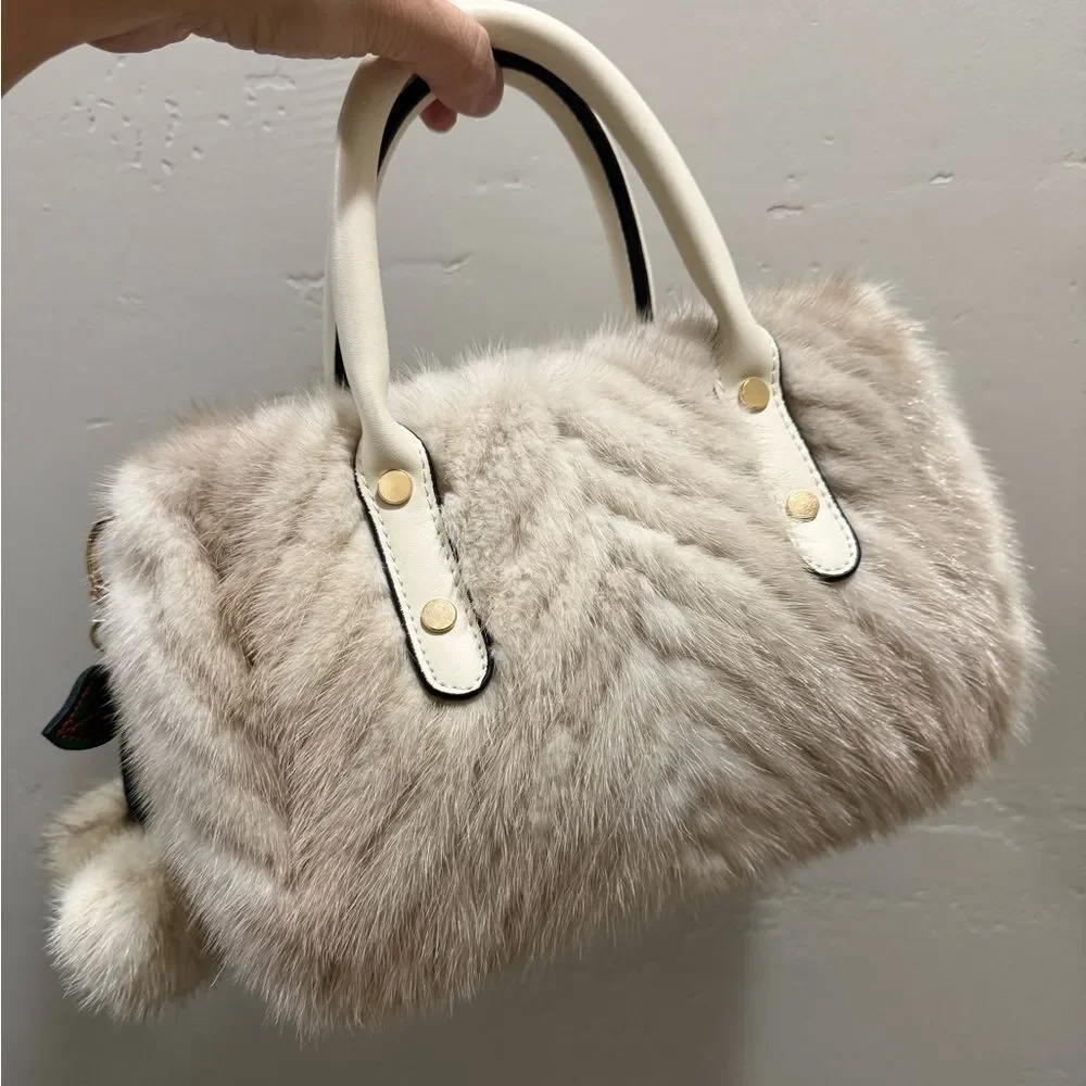 Ivory Real Mink Fur & Leather Handles Handmade Boston Bag & Mink Fur Bag Charm